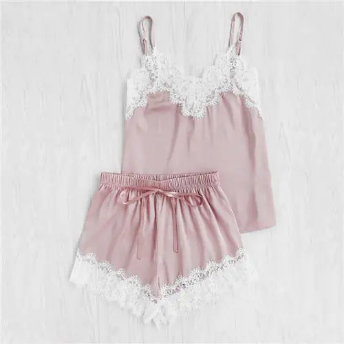 Lace Trimmed Women's Lingerie Pajama Set (Multiple Colors)