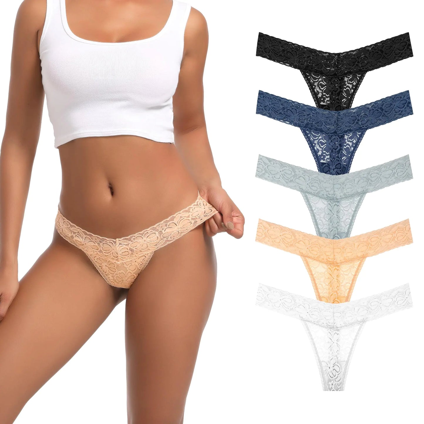 5 Pieces Dark Low Waist G String Lace T Back Breathable Thongs Size 3XLarge