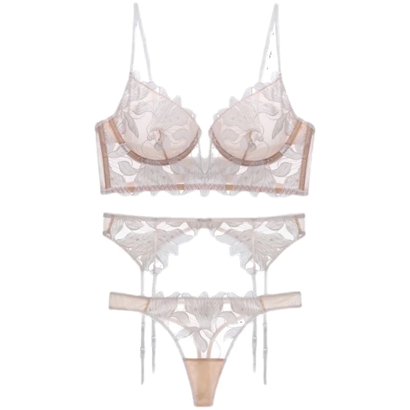 French Lace Lingerie Set – Bra, Panty & Garter | Velvet Whisper