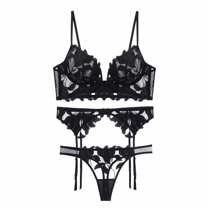 French Lace Lingerie Set – Bra, Panty & Garter | Velvet Whisper