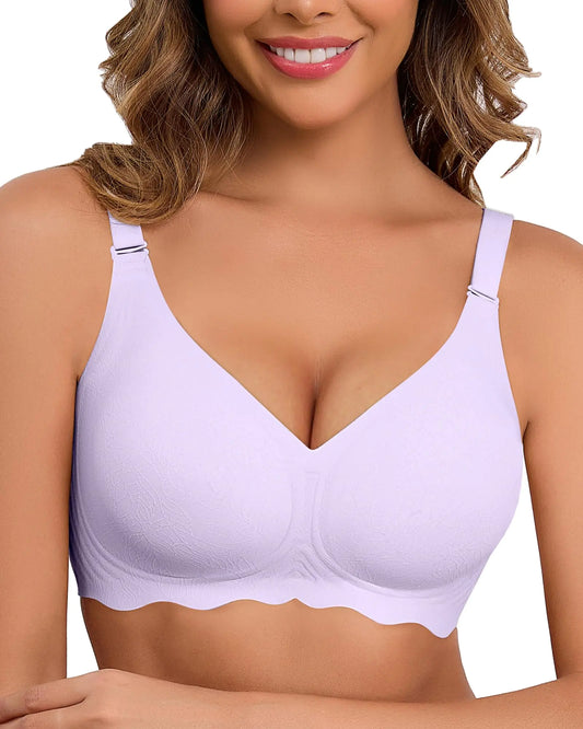 SCECXY Womens Bra Wireless Seamless No Underwire Bra with Soft Support V Neck Wirefree Bras Bralette Everyday Bra Purple S