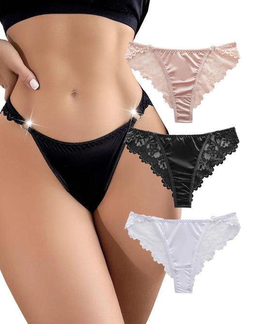 Nolrahiur Women Satin Lace Panties Silk G-String Sexy Underwear Soft G-String Thongs Cheeky Lingerie Bikini Brief 3 Pack S